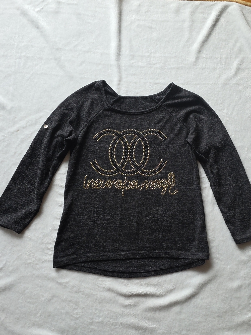 Kids Charcoal Long-Sleeve Top with Gold Stud Detail
